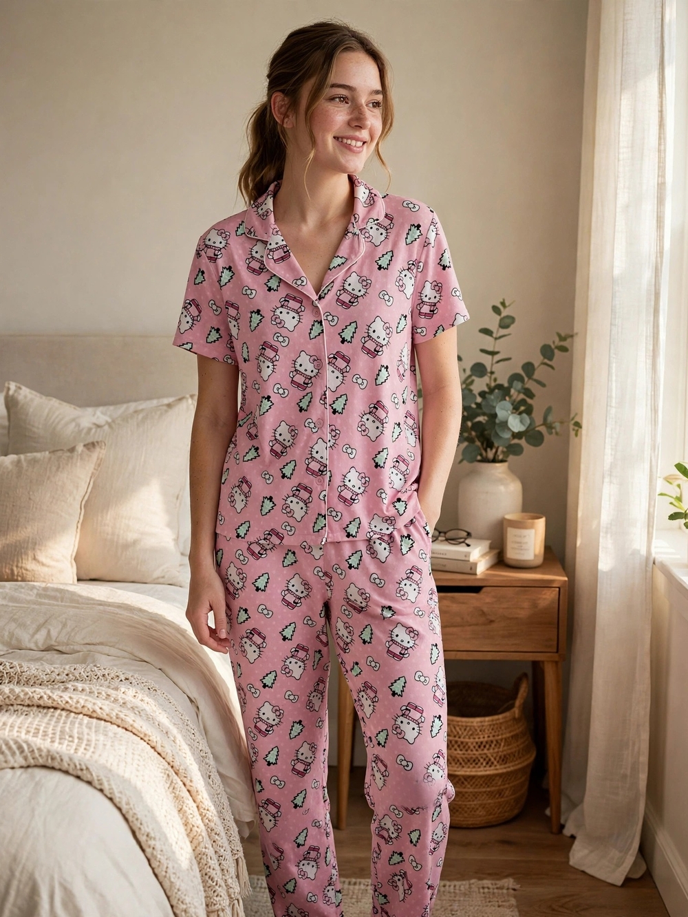 NWOT Hello Kitty Pink Winter Scene Cozy Printed Pajama Set. Size Small